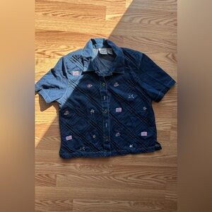 VTG Koret City Blues Shirt Women's Medium Blue Denim Embroidered Patriotic